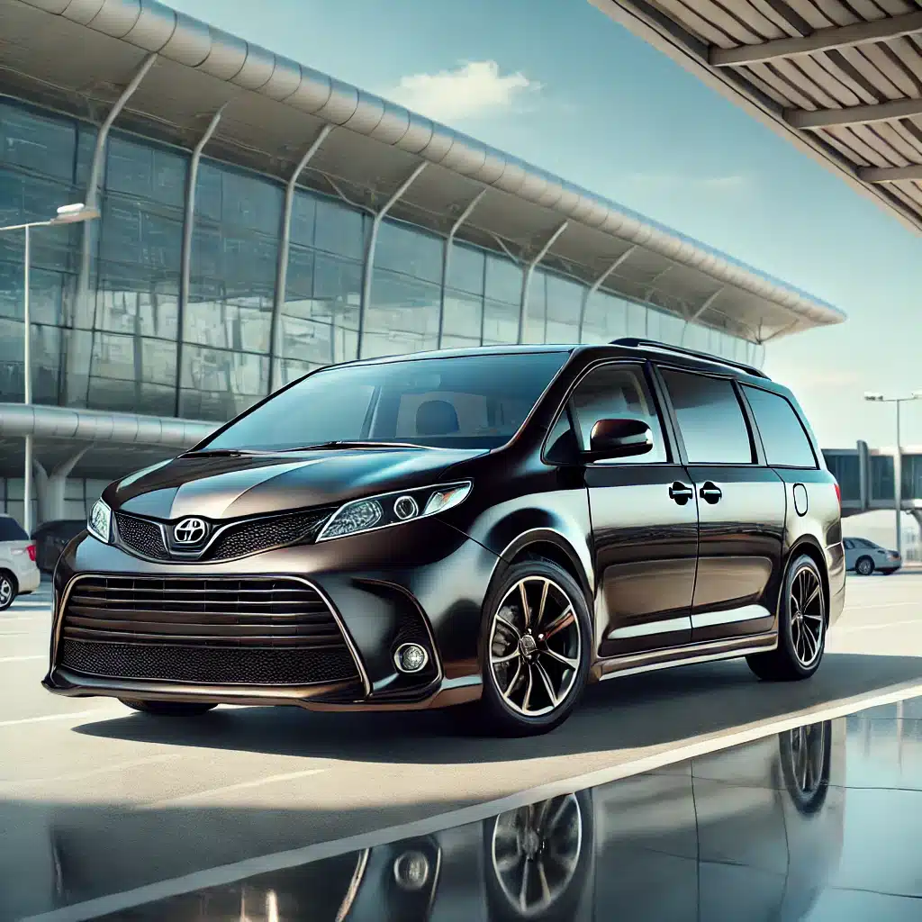 "Black minivan parked at Toronto Pearson Airport, ready for passenger pickup."