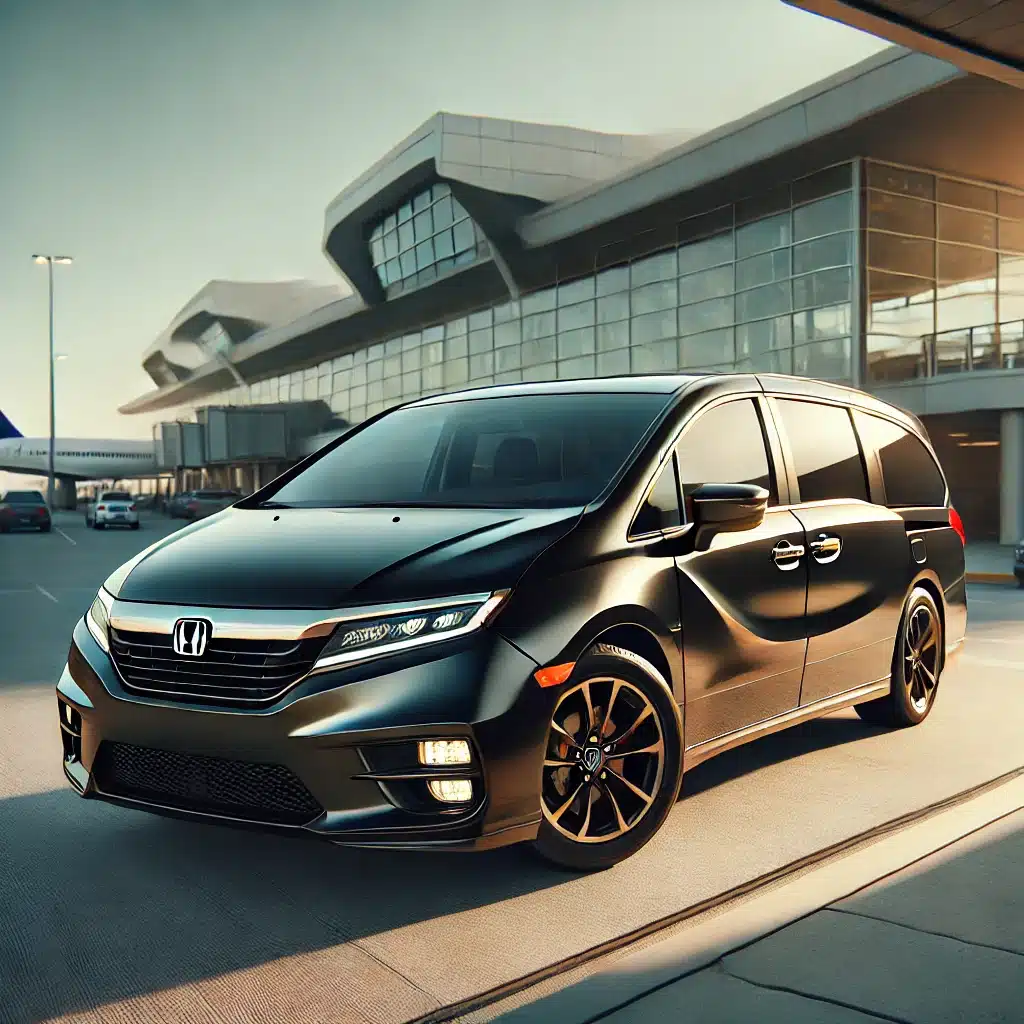 "Black minivan taxi at Toronto Pearson Airport, ready to transport passengers."