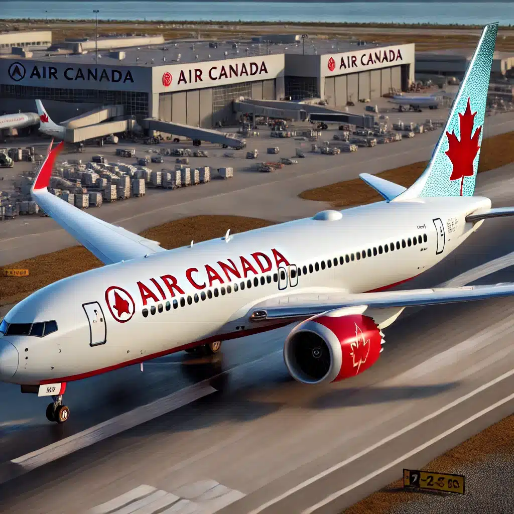 "A fully visible Boeing airplane in Air Canada livery, with a white fuselage and red maple leaf logo on the tail, positioned on a runway under a clear blue sky. The jetliner is either preparing for takeoff or has just landed, with landing gear extended and airport infrastructure visible in the background."