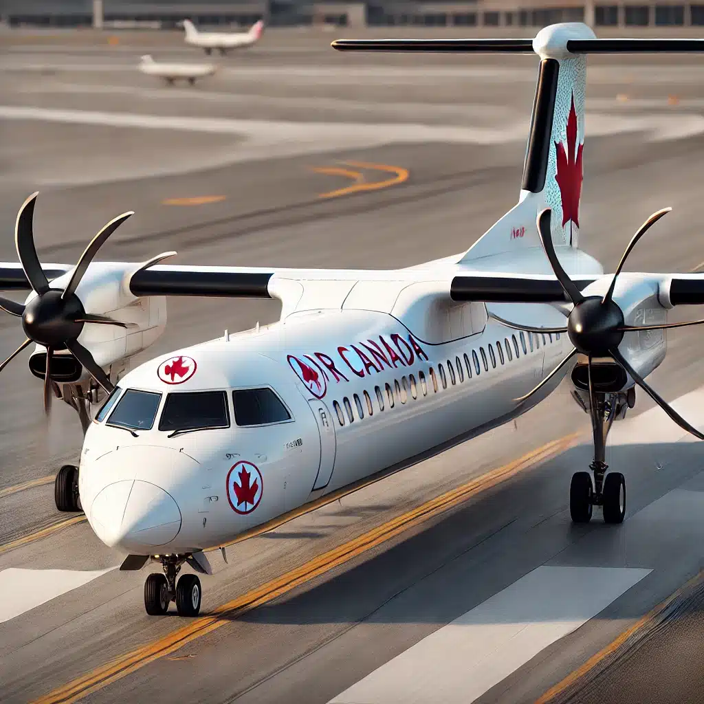 "An Air Canada airplane at Toronto Pearson Airport's Terminal 1, positioned near the drop-off area. The plane features the airline's signature white fuselage and red maple leaf logo, with airport terminal structures visible in the background."