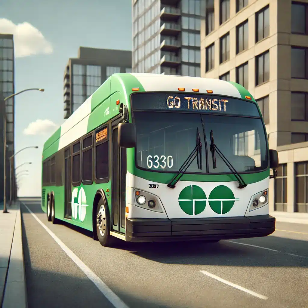 A green and white GO Transit bus on an urban street during the day.