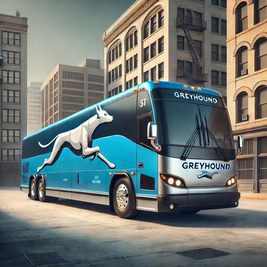 A blue and silver Greyhound bus on a city street during the day.