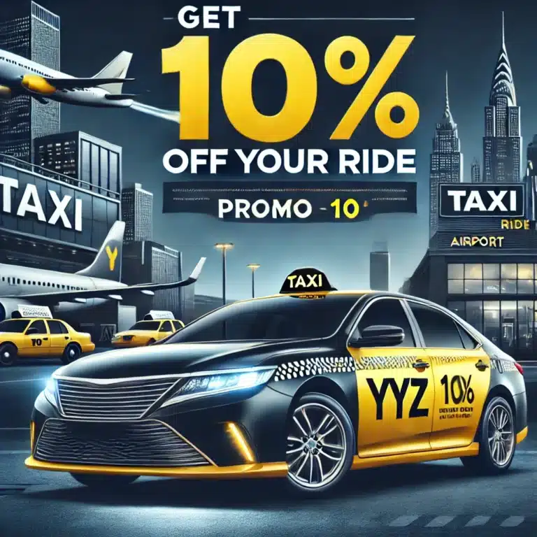 "Promo code YYZ10 offering a 10% discount on Toronto Airport Taxi and Limo Service for all vehicle types, including SUVs, Minivans, and Sedans."