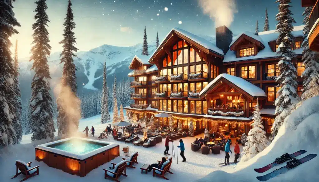 A luxurious resort in the snowy mountains of Canada, surrounded by tall pine trees covered in fresh snow. The resort features a cozy wooden lodge with