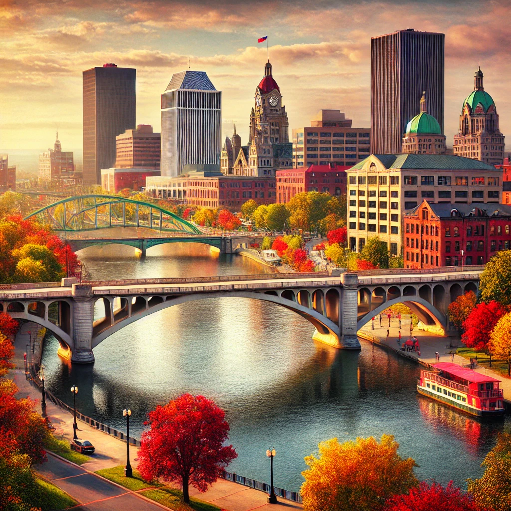 "Taxi service driving through Rochester, New York with skyline and autumn trees."